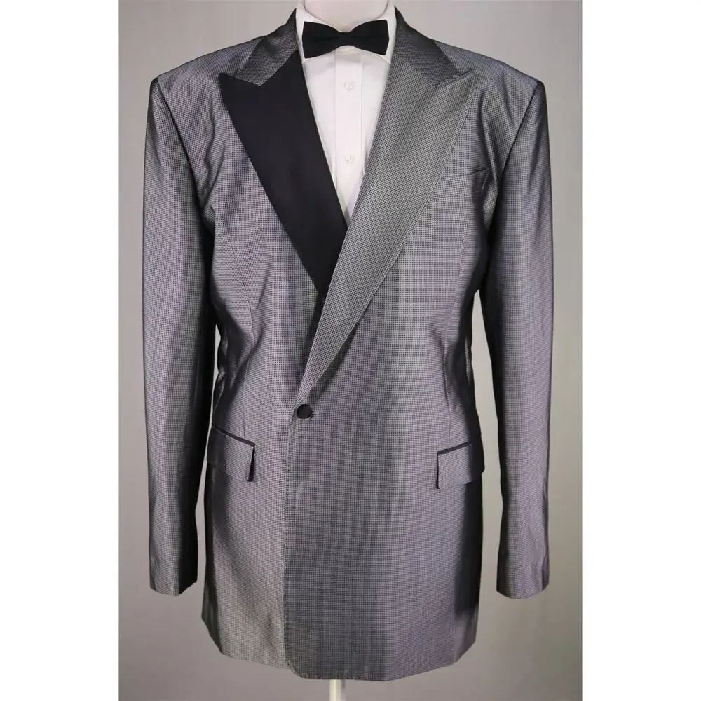 Sidohr Silver Check Silk Double Breasted Formal Masquerade Suit Handmade 44XL
